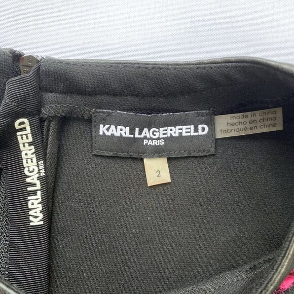 KARL LAGERFELD BLACK BURGUNDY TWEED WOOL BLEND FAUX LEATHER COMBO DRESS - 2 - Picture 6 of 9